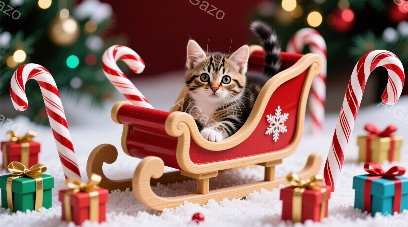 小さな縞模様の猫が赤いそりに座っています。周りにはキャンディケーンやリボンで飾られたプレゼントボックスが散らばり、背景にはぼやけたクリスマスツリーと雪が広がっています。全体的に、暖かく、お祝いの雰囲気 - AI生成フリー素材