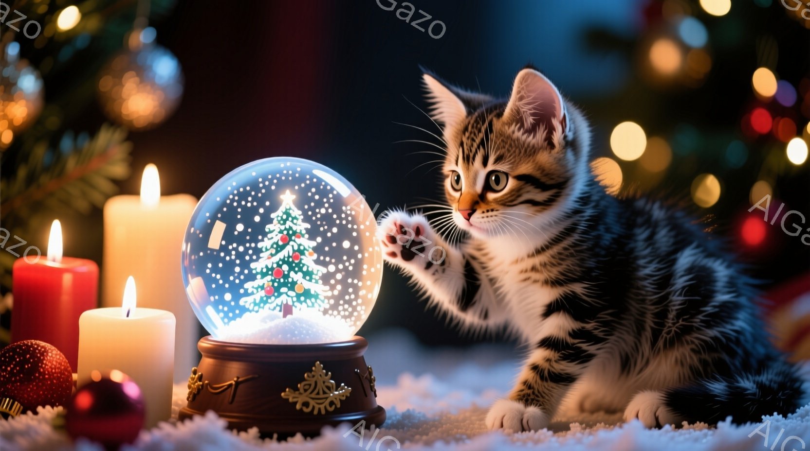 小柄な縞模様の子猫が、雪の降るクリスマスのオーナメントの雪の玉に前足を伸ばして触れようとしています。背景には、ぼんやりと光るキャンドルと、クリスマスの飾り付けが散りばめられたぼかしの背景が見え、冬の暖 - AI生成フリー素材