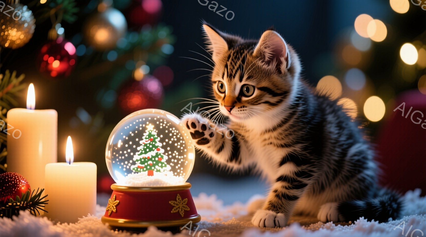 縞模様の小さな子猫が、雪の結晶が舞うクリスマスツリーが入ったガラス製のスノーグローブに前足を伸ばして触れようとしています。背景にはぼやけたクリスマスツリーの飾りと、点灯しているキャンドルが見え、白い雪 - AI生成フリー素材