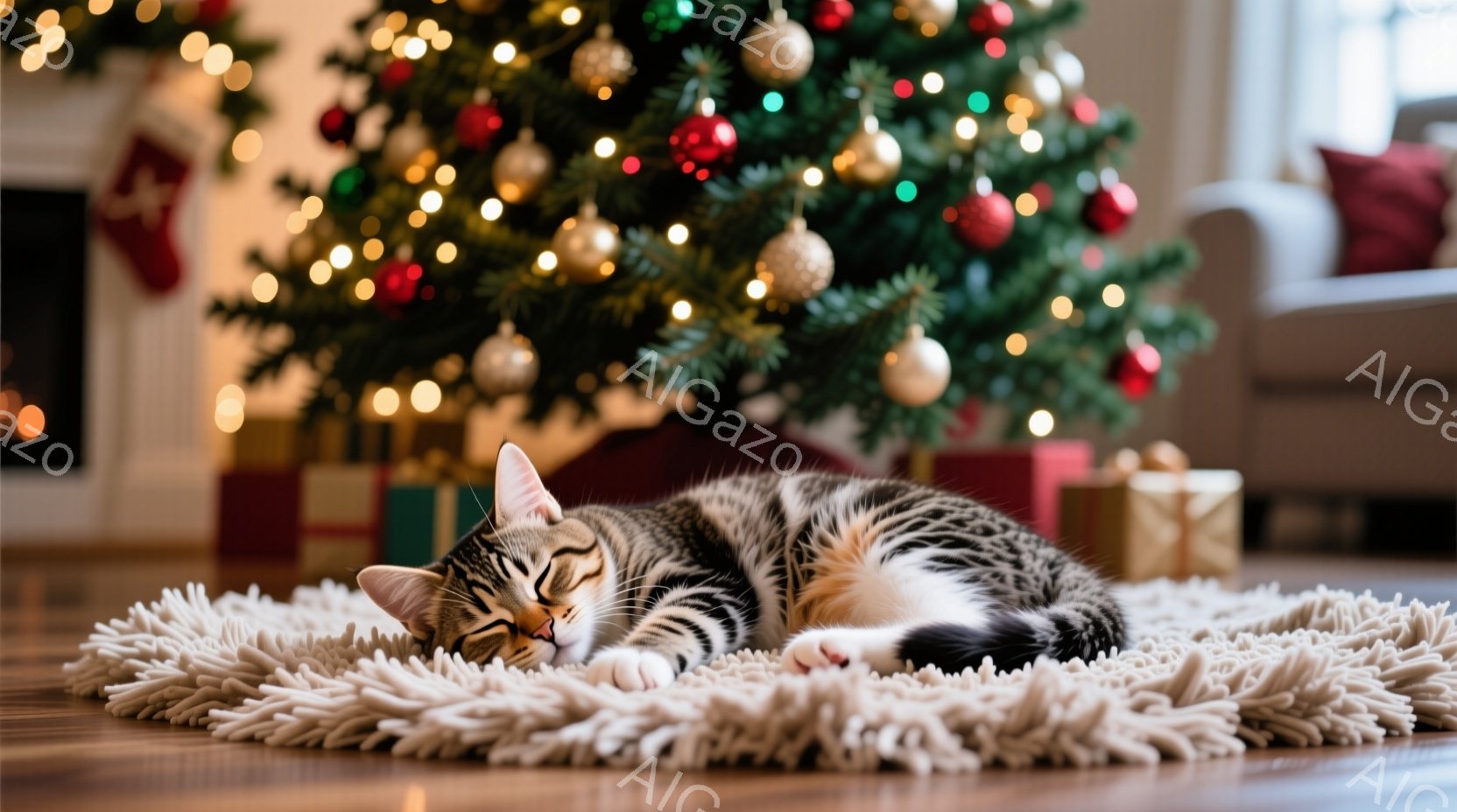 白と茶色の縞模様の猫がふわふわした白いラグの上で丸まって眠っています。背景には、装飾が施されたクリスマスツリーとプレゼントの箱が見え、温かく心地よい雰囲気を作り出しています。木製の床と明るい光が、リラックスした冬のシーンを強調しています。