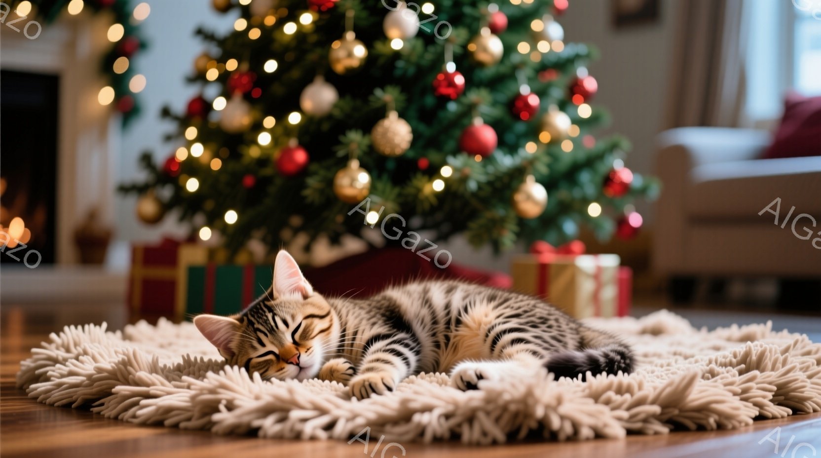 縞模様の小さな子猫が、ふわふわの白いラグの上で丸まって眠っています。背景には、オーナメントとプレゼントで飾られたクリスマスツリーがあり、温かく穏やかな雰囲気を醸し出しています。木製の床と明るい室内照明 - AI生成フリー素材