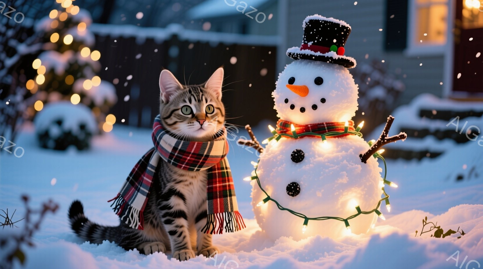 白い雪景色の中に、タータンチェックのマフラーを巻いた縞模様の猫が座っています。背景には、電飾で飾られた雪だるま、そしてぼんやりと見える家の外観が見え、雪が舞い散る冬の夜の暖かく穏やかな雰囲気が漂ってい - AI生成フリー素材