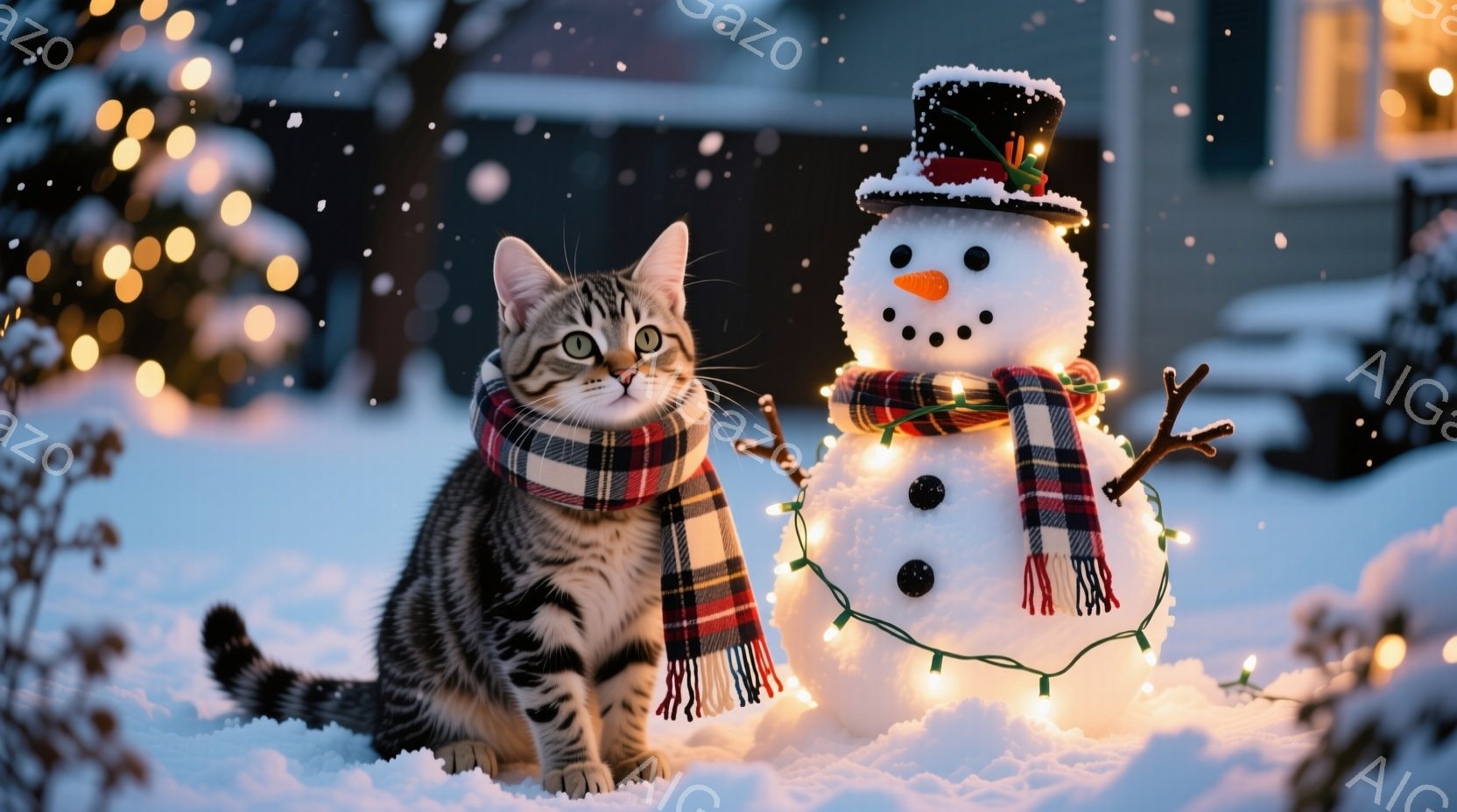 白い雪の上に、縞模様の猫が赤いチェック柄のマフラーを巻いて座っています。猫は前を見つめ、少し微笑んでいるように見えます。背景には雪だるまがライトで飾られ、ぼやけた家のライトが暖かく輝き、冬の穏やかな雰 - AI生成フリー素材