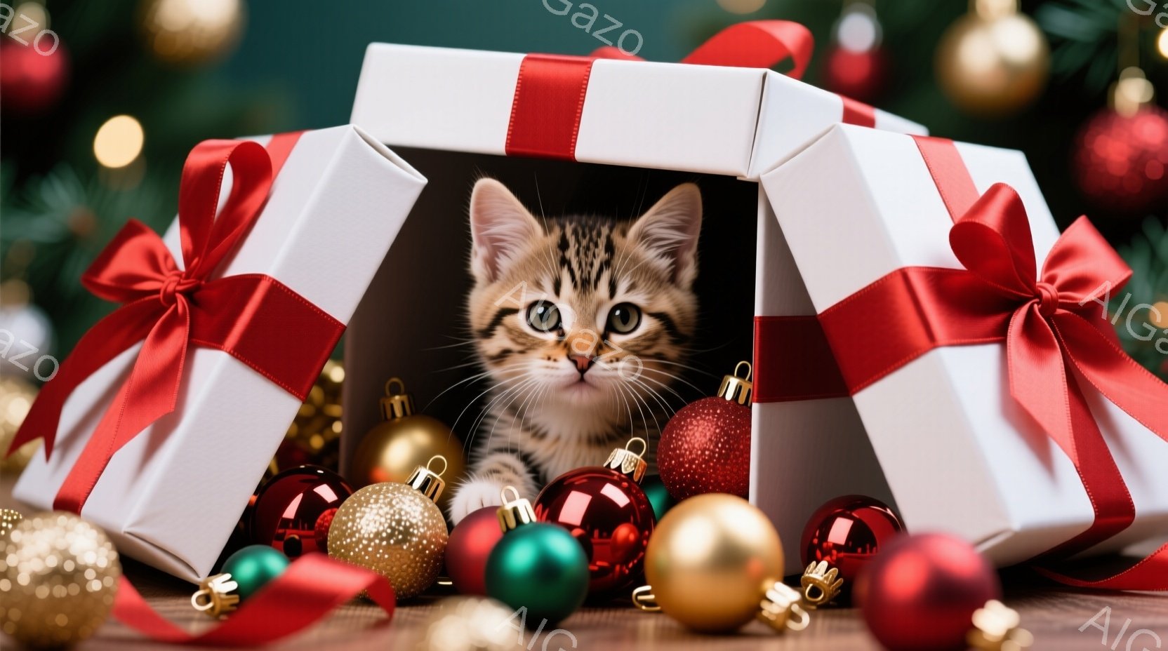 可愛らしい子猫が、赤いリボンで飾られた開いたギフトボックスの中にちょこんと座っています。周りには赤、金、緑のクリスマスオーナメントが散らばり、背景にはぼんやりとクリスマスツリーが見えます。全体的に暖か - AI生成フリー素材