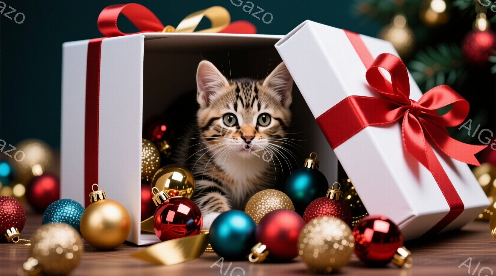 箱の中に小さな縞模様の猫が隠れており、好奇心と少しの警戒心のある表情をしています。箱の周りには、赤、金、緑のクリスマスオーナメントが散らばっており、木製のテーブルの上に置かれています。背景にはぼやけたクリスマスツリーが見え、全体的に温かく、お祝いの雰囲気です。