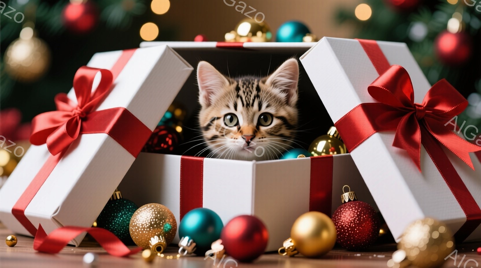白いギフトボックスから好奇心旺盛な顔を出した子猫が写っています。緑色の瞳が光り、箱の中に隠れて何かを探している様子が伺えます。背景には、赤や金色のクリスマスオーナメントが散りばめられ、暖かく、お祝いの雰囲気が漂っています。