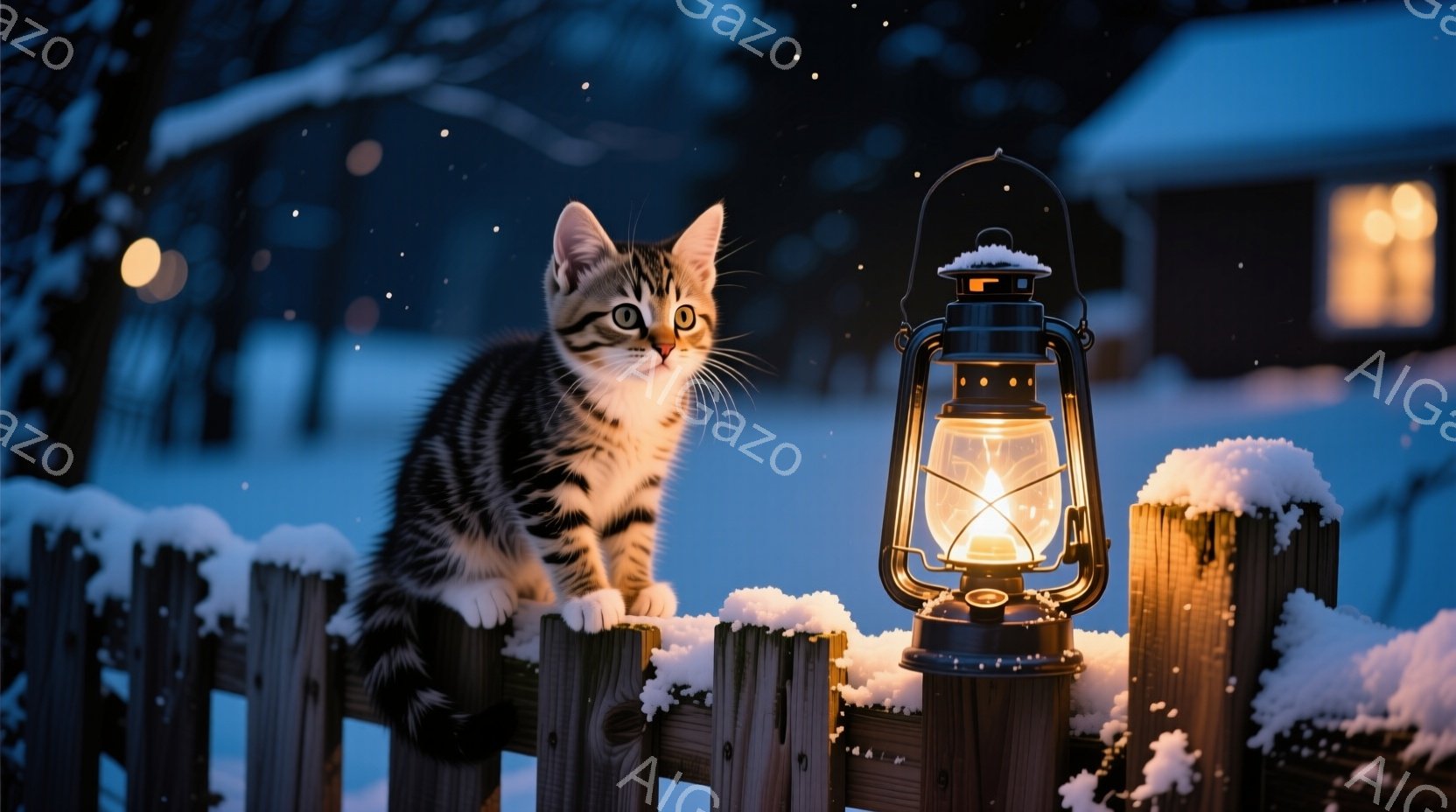 白と黒の縞模様の猫が雪の積もった木の柵の上に座っており、好奇心に満ちた表情で何かを見つめている。背景には、窓から光が漏れる小さな家と、雪が舞う暗い夜空が広がっている。オイルランプが柵の上に置かれ、暖かく柔らかい光を放ち、冬の静寂の中に温かい雰囲気を醸し出している。