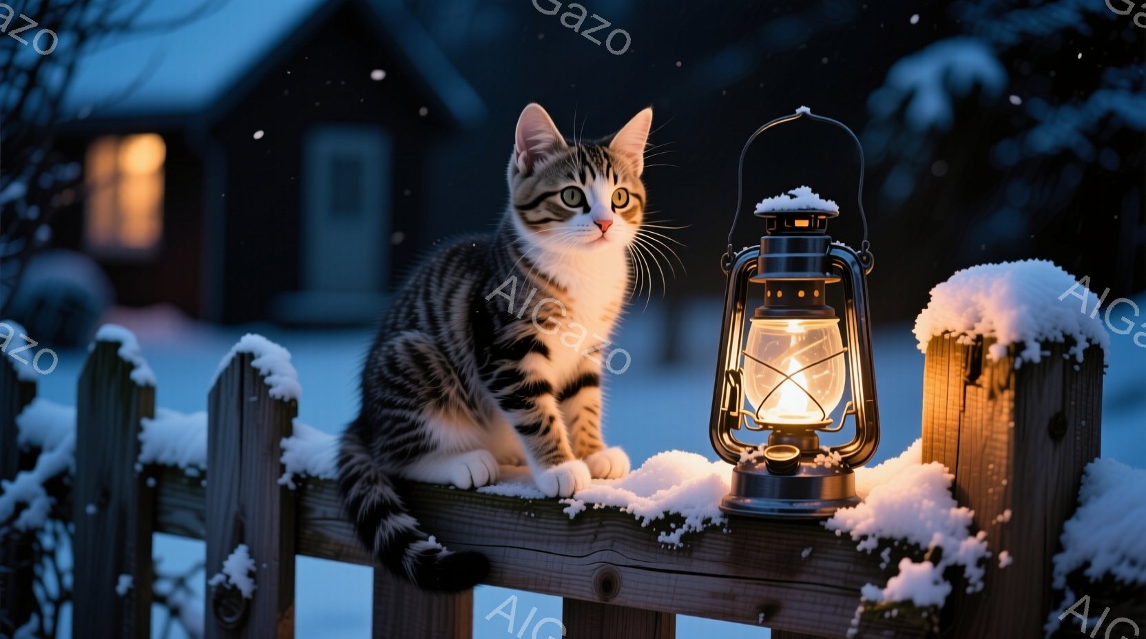 白と黒の縞模様の猫が、雪で覆われた木製の柵の上に座っている。猫は前足を揃え、鋭い視線で何かを見つめている。背景には暗い夜に照らされた家々と雪が舞う様子がうかがえ、全体的に静かで幻想的な雰囲気を醸し出し - AI生成フリー素材