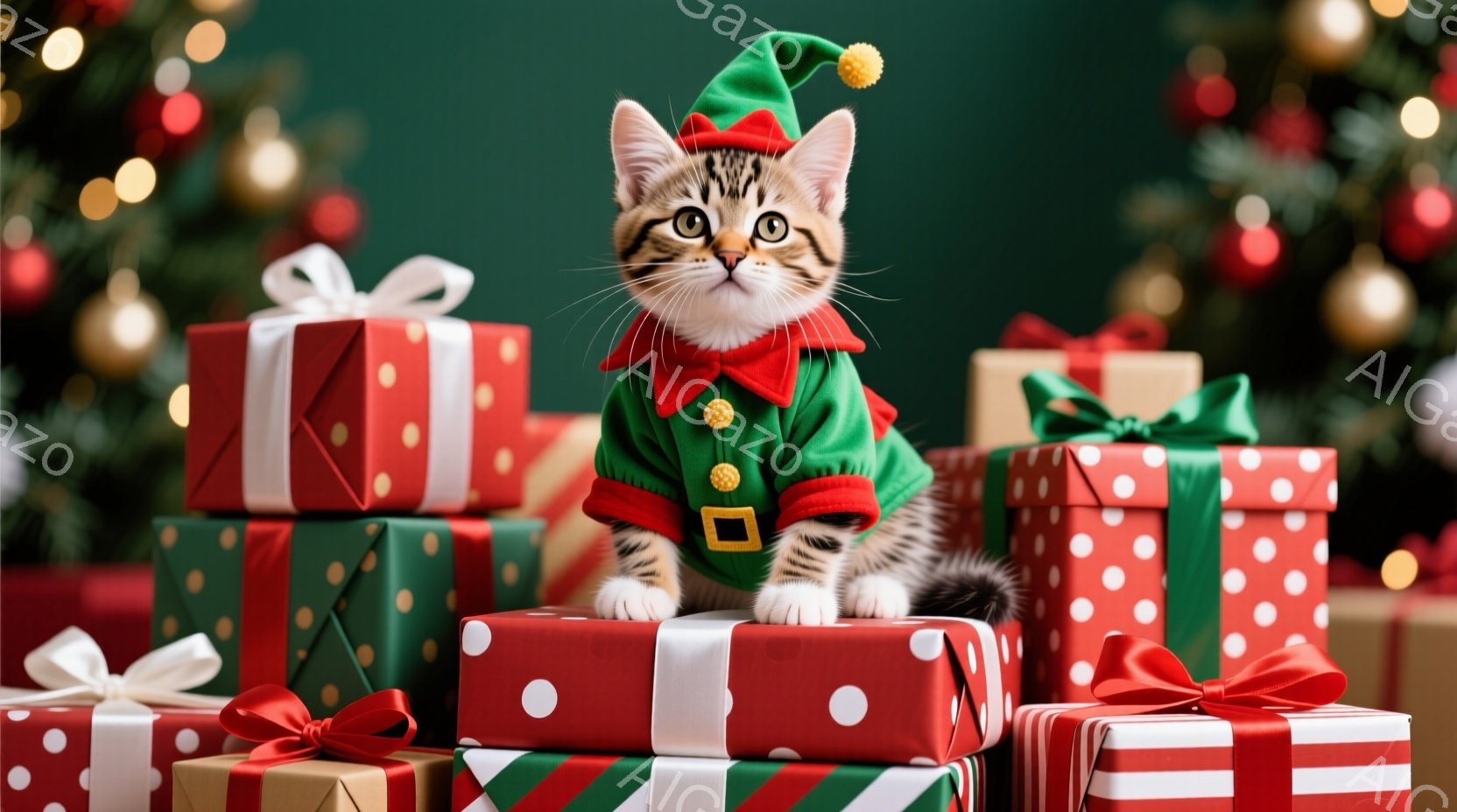 小さな子猫が、クリスマスプレゼントのようにラッピングされた箱の上に座っています。緑色のコスチュームと赤い帽子を身に着け、正面を見て少し驚いたような表情をしています。背景には、ぼやけたクリスマスツリーと - AI生成フリー素材