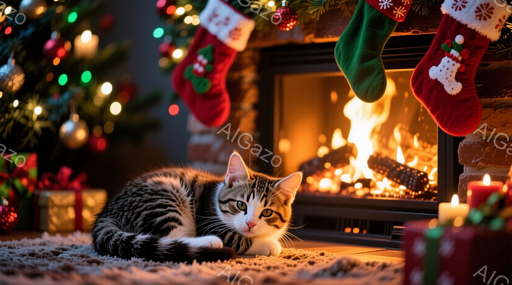 縞模様の猫が、暖炉の前に敷かれた毛皮のような敷物の上で横たわっています。暖炉の中では炎が燃え盛り、赤いクリスマスソックスが暖炉の縁に掛けられています。背景には、クリスマスツリーの光とプレゼントの箱があ - AI生成フリー素材