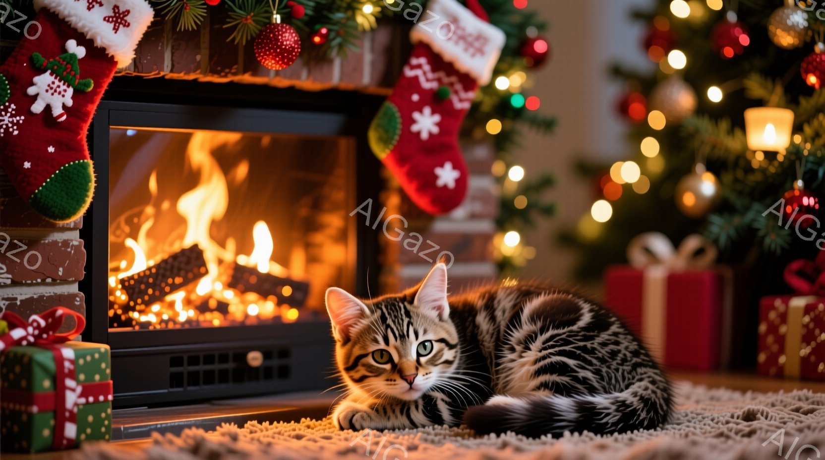 暖炉のそばで縞模様の猫がリラックスして横たわっています。背景には、クリスマスツリー、プレゼント、そして暖炉につるされたクリスマスストッキングが見え、温かくお祝いの雰囲気が漂っています。暖炉の炎は暖かく、部屋全体をオレンジ色に染め上げています。