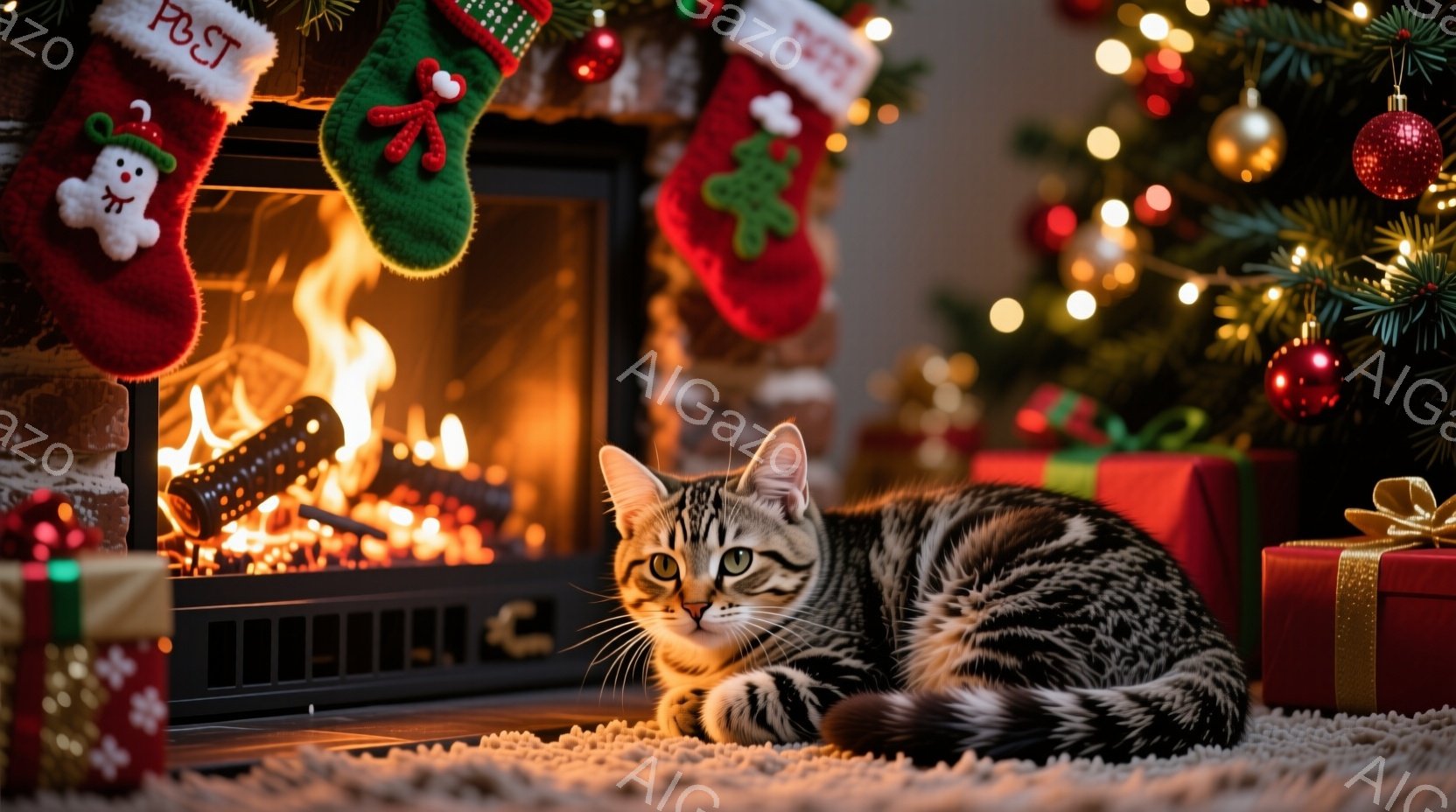暖炉のそばで縞模様の猫がリラックスして横たわっています。背景には、クリスマスツリー、プレゼント、赤いクリスマスストッキングが飾られており、暖かく居心地の良い雰囲気が漂っています。猫の目はカメラをじっと - AI生成フリー素材
