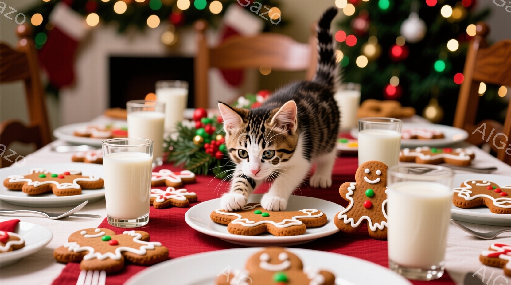 クリスマスを連想させる食卓の上に、生後数ヶ月のキジトラの子猫が、アイシングでデコレーションされたジンジャーブレッドクッキーに手を伸ばそうとしています。暖炉とクリスマスツリーが背景にぼんやりと見え、食卓 - AI生成フリー素材