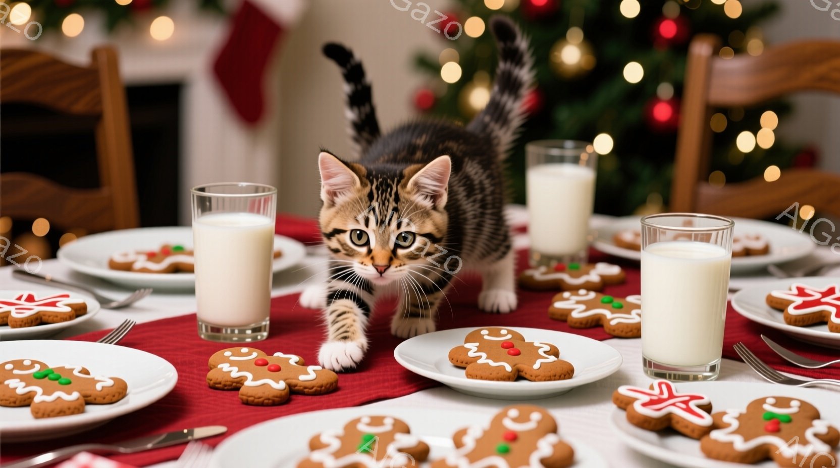 赤いテーブルクロスの上に、ジンジャーブレッドクッキーが並べられたお皿が置かれ、その周りを小さなトラ柄の子猫が歩いている様子が写っています。子猫は前足を伸ばしてクッキーに手を伸ばそうとしており、好奇心旺 - AI生成フリー素材