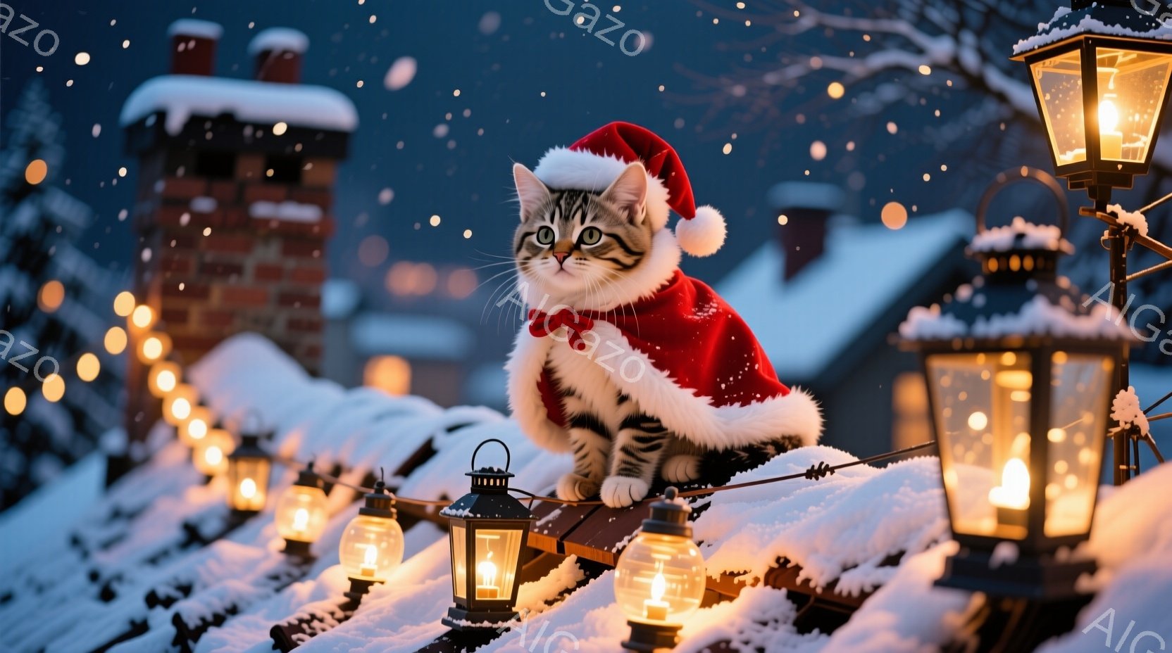 白と灰色の縞模様の猫が、赤いサンタの帽子とマントを身につけて雪の上に座っています。周りには点灯したランタンが並び、雪が降り積もる屋根と遠くに見える建物がぼんやりと見えます。全体的に、暖かく、お祝いの雰 - AI生成フリー素材