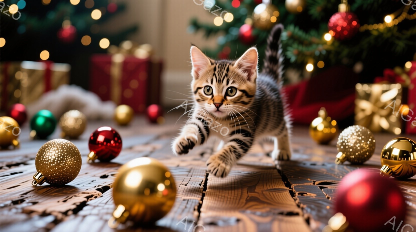 縞模様の小さな子猫が、木の床の上を勢いよく走っている。周りには、赤や金色のクリスマスオーナメントが散らばり、背景にはクリスマスツリーとプレゼントの箱が見える。暖かく、遊び心に満ちた、お祝いの雰囲気が漂っている。