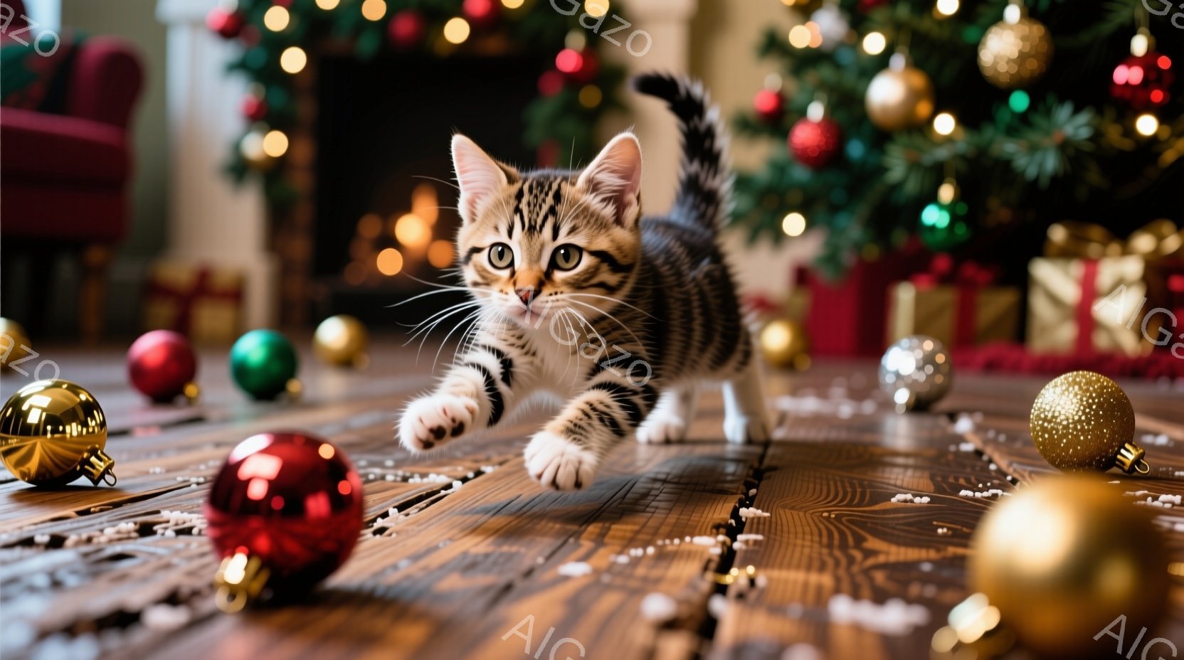 小さな縞模様の子猫が、クリスマスのオーナメントが散らばる木の床の上を勢いよく駆け抜けている。背景には、キラキラと光るクリスマスツリーと、ぼやけたプレゼントの箱が見える。暖かく、遊び心溢れる、お祝いの雰囲気が漂っている。
