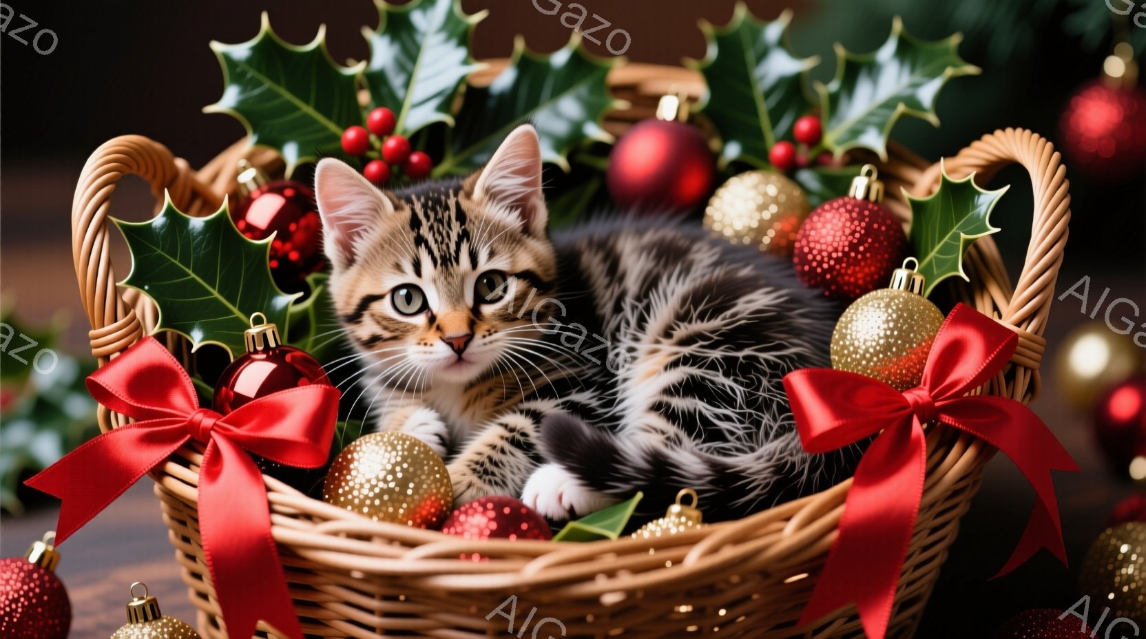 籠の中に、縞模様の小さな子猫が丸まって眠っています。周りには赤いリボンと金色のオーナメントが散りばめられ、背景にはクリスマスらしい葉や飾りが見えます。暖かく、穏やかなクリスマスの雰囲気が漂う、愛らしい - AI生成フリー素材