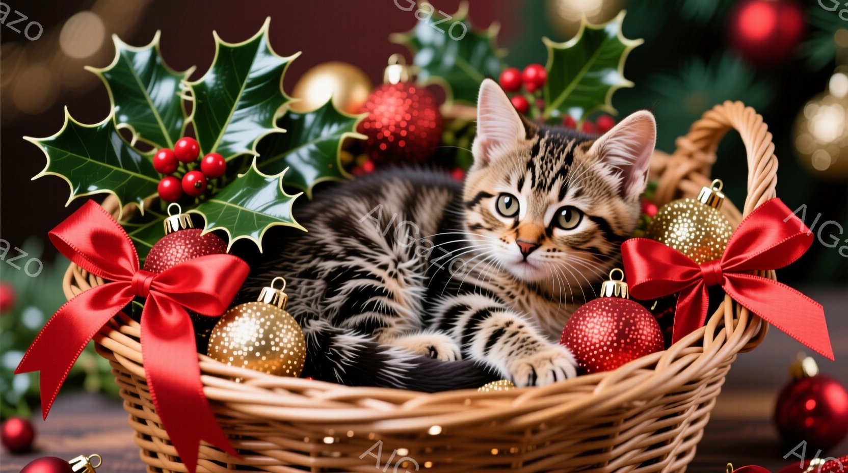 小さな縞模様の猫が、赤いリボンとオーナメントで飾られたバスケットの中に丸まって眠っています。背景には緑の葉と赤い実、そしてぼやけたクリスマスツリーの飾りが見え、暖かくお祝いムードに満ちています。猫の表 - AI生成フリー素材