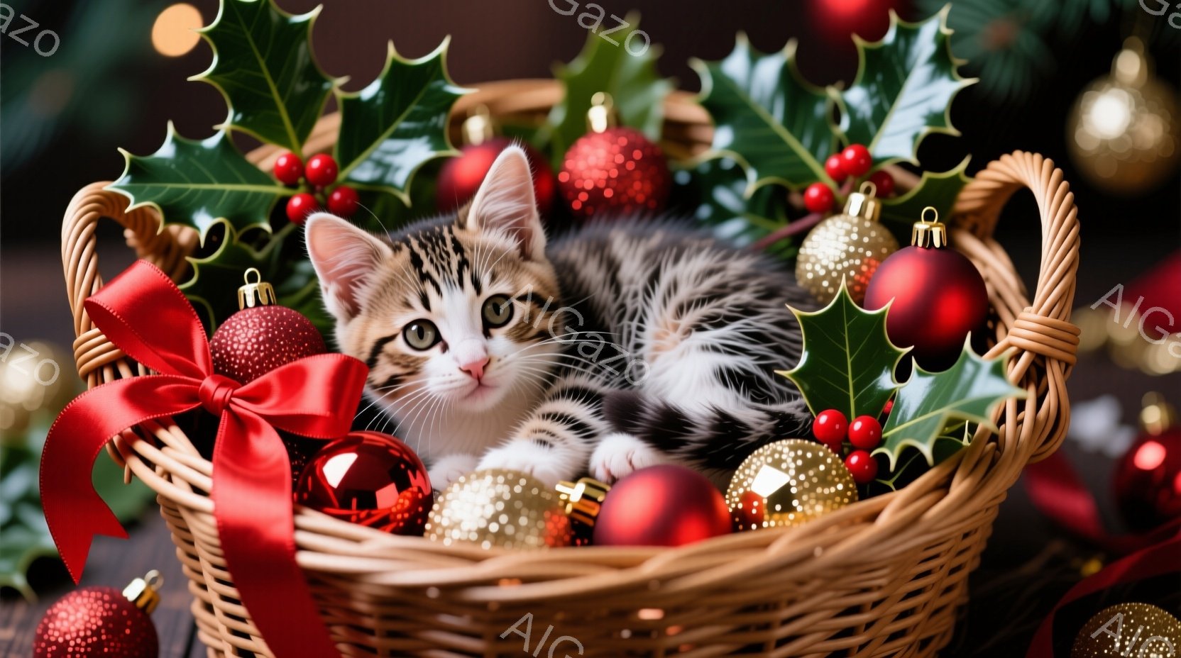 白と黒の縞模様の小さな子猫が、赤いリボンとクリスマスオーナメントで飾られた籐のバスケットの中にいます。子猫は前足を伸ばして横になり、丸い目をしてカメラを見ています。背景には、赤い実の付いた緑の葉や光るオーナメントが散りばめられ、温かくお祝いの雰囲気が漂います。