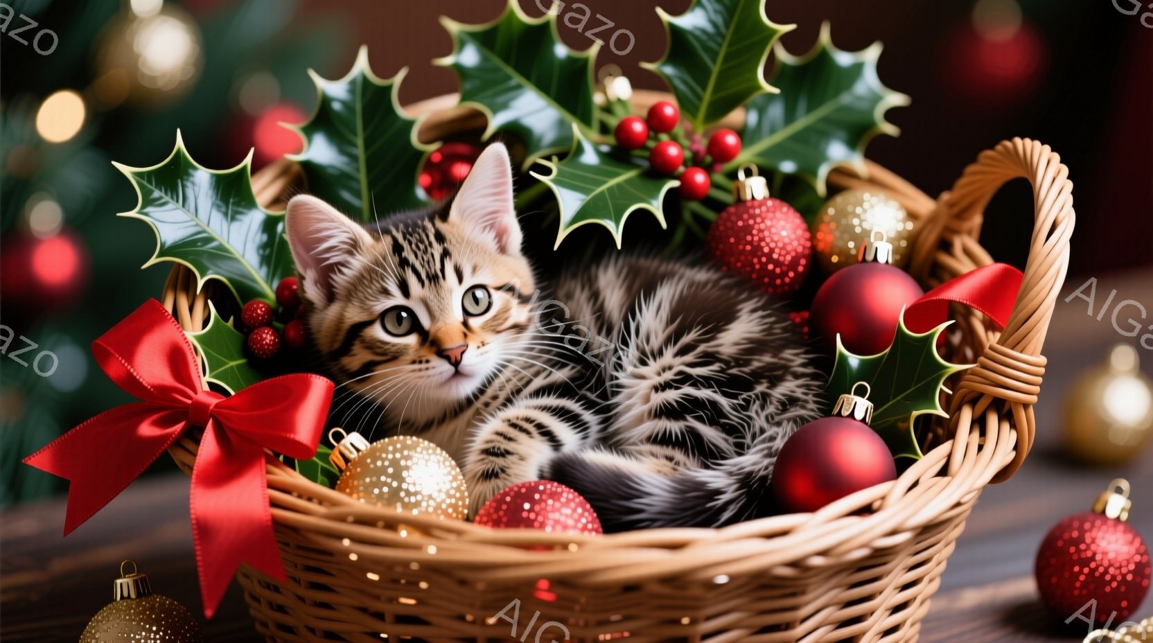 籐のバスケットの中に、縞模様の小さな子猫が丸まって眠っています。バスケットの周りには赤い実の付いた葉や、キラキラと輝くオーナメントが飾られており、クリスマスの雰囲気を感じさせます。背景はぼかされており - AI生成フリー素材