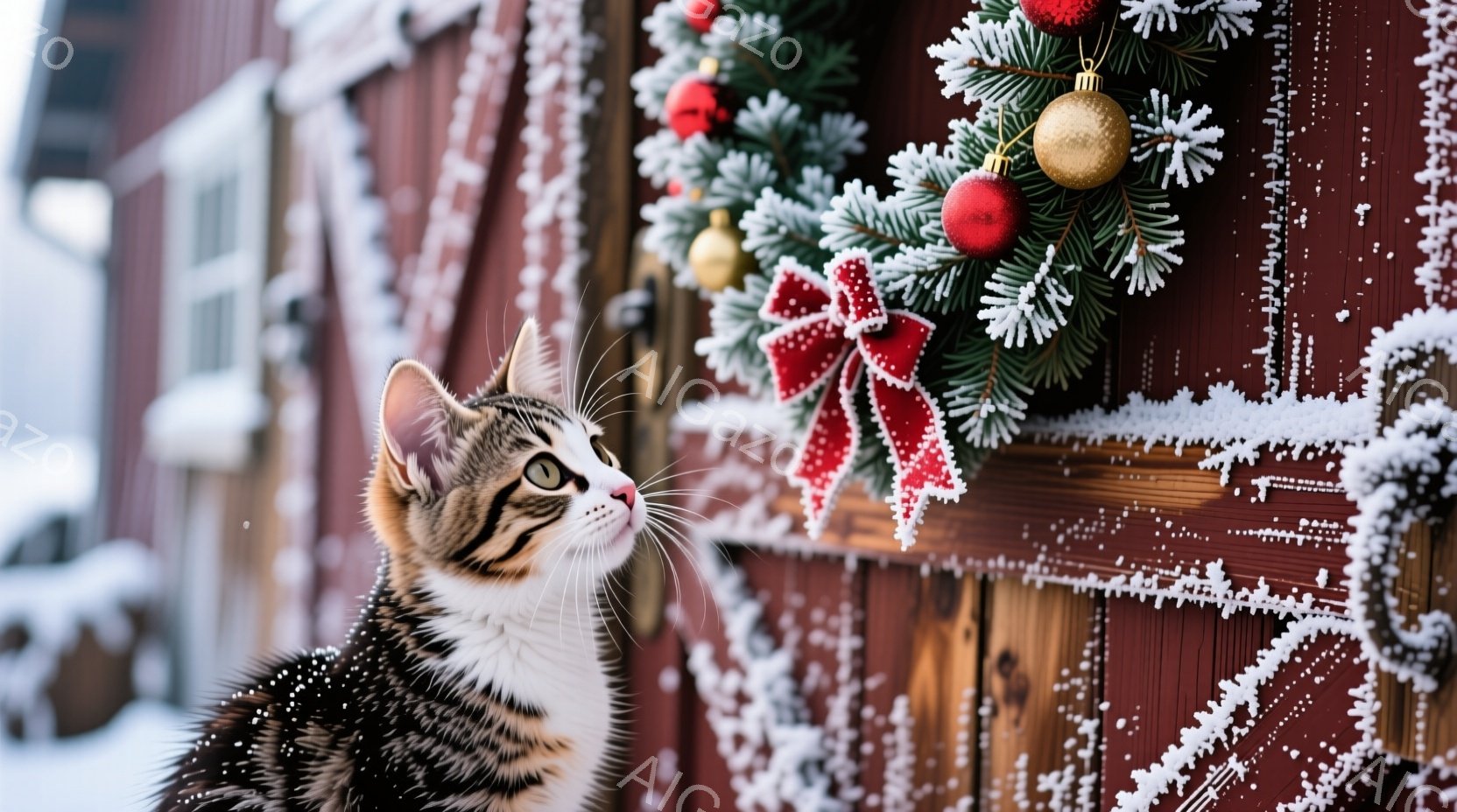 白と黒の縞模様の猫が、雪が積もった赤い木の壁に飾られたクリスマスリースを見上げている。猫は雪で覆われ、興味深げな表情で、冬の寒さとクリスマスの温かさが混ざり合った雰囲気を醸し出している。背景には雪景色 - AI生成フリー素材