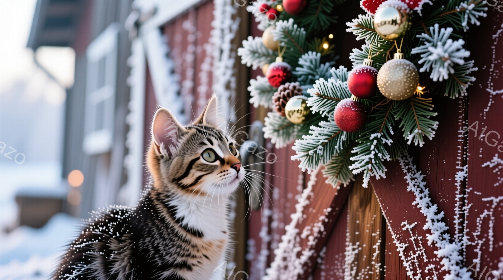 白と黒の縞模様の猫が、赤い木の壁に飾られたクリスマスリースを見上げています。雪がちらつき、猫の毛や背景の木材に白い粉雪が積もっています。背景にはぼやけた庭と、寒い冬の日の穏やかな雰囲気が漂っています。