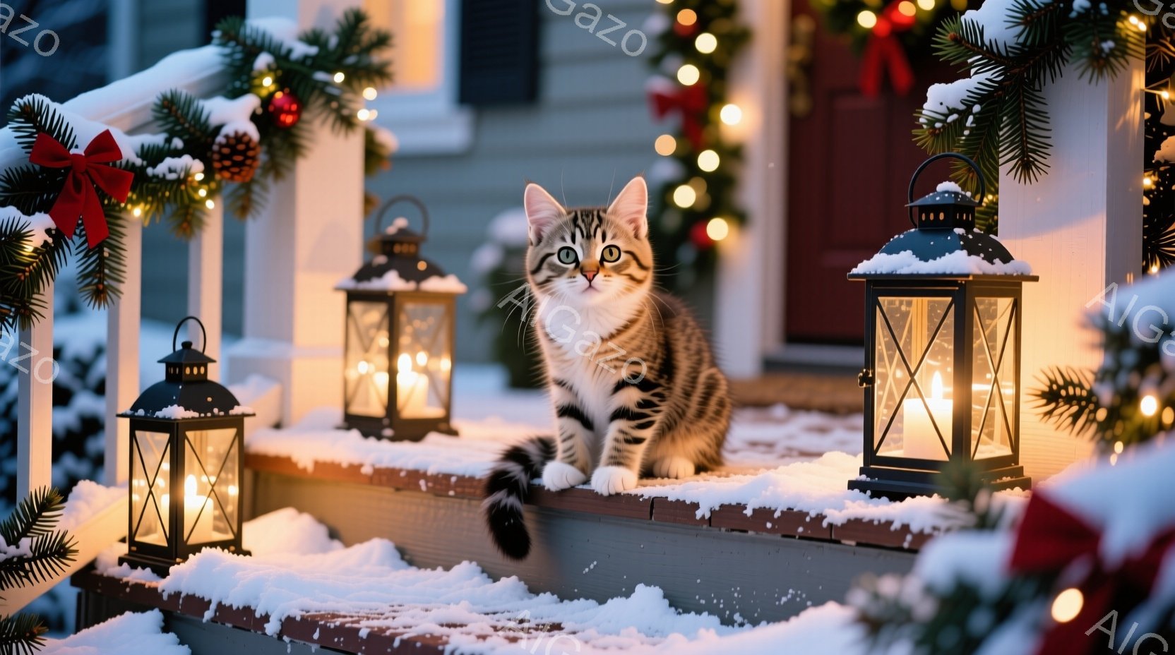 雪が積もった家の階段に、縞模様の猫が座っています。猫は前足を揃え、まっすぐ前を見ていて、好奇心と落ち着きを感じさせます。背景にはクリスマスの飾り付けが施された玄関があり、温かい光が灯されたランタンが冬 - AI生成フリー素材