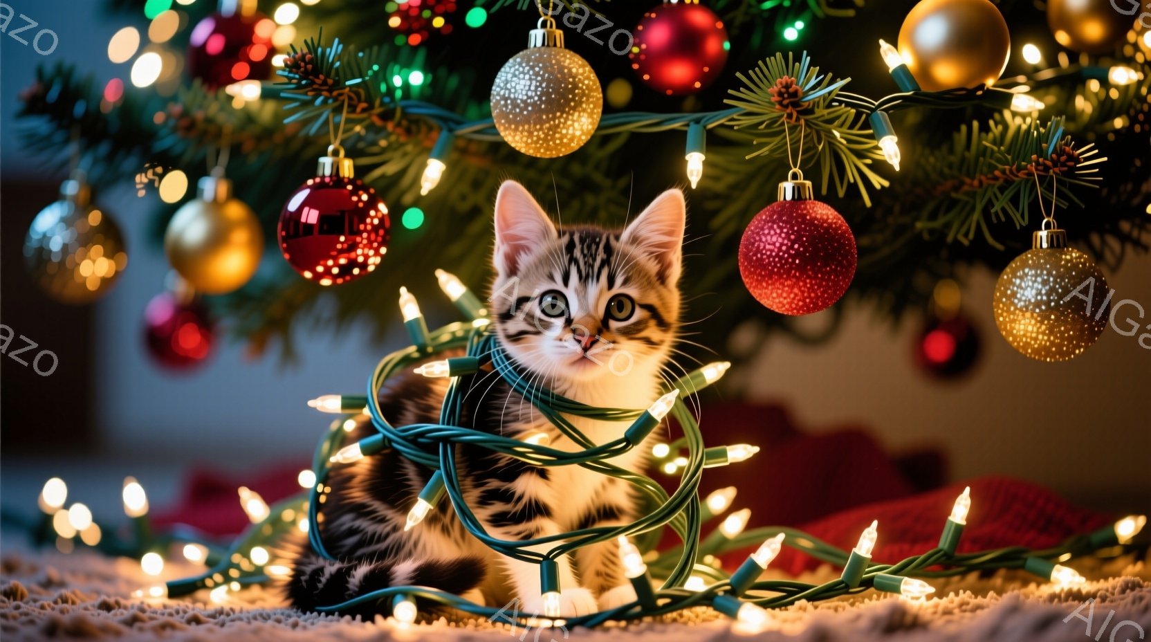 白と茶色の縞模様の小さな子猫が、クリスマスツリーのイルミネーションライトにからまりながら座っています。子猫は丸い瞳でカメラを見つめ、少し困ったような、可愛らしい表情をしています。背景には赤いオーナメン - AI生成フリー素材