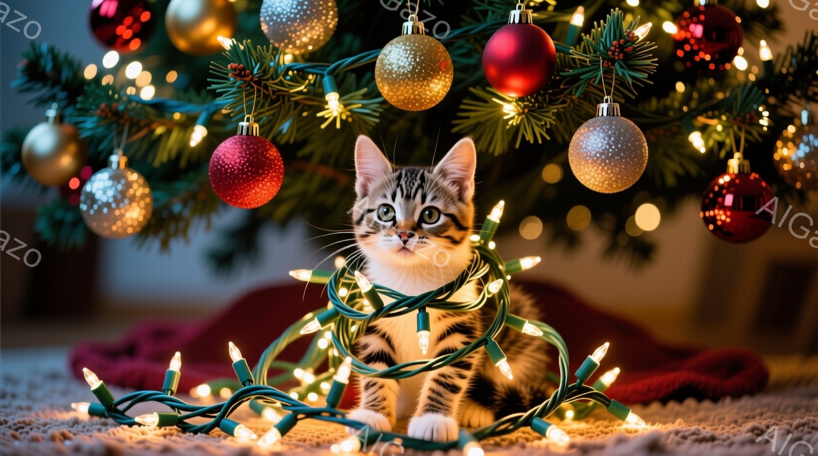 クリスマスツリーの周りにいる縞模様の小さな子猫が写っています。子猫は足元に丸く配置されたクリスマスライトにからまり、少し困ったような、しかし好奇心旺盛な表情をしています。背景には赤いオーナメントが飾られた緑豊かなクリスマスツリーがあり、暖かくお祝いムードを醸し出しています。