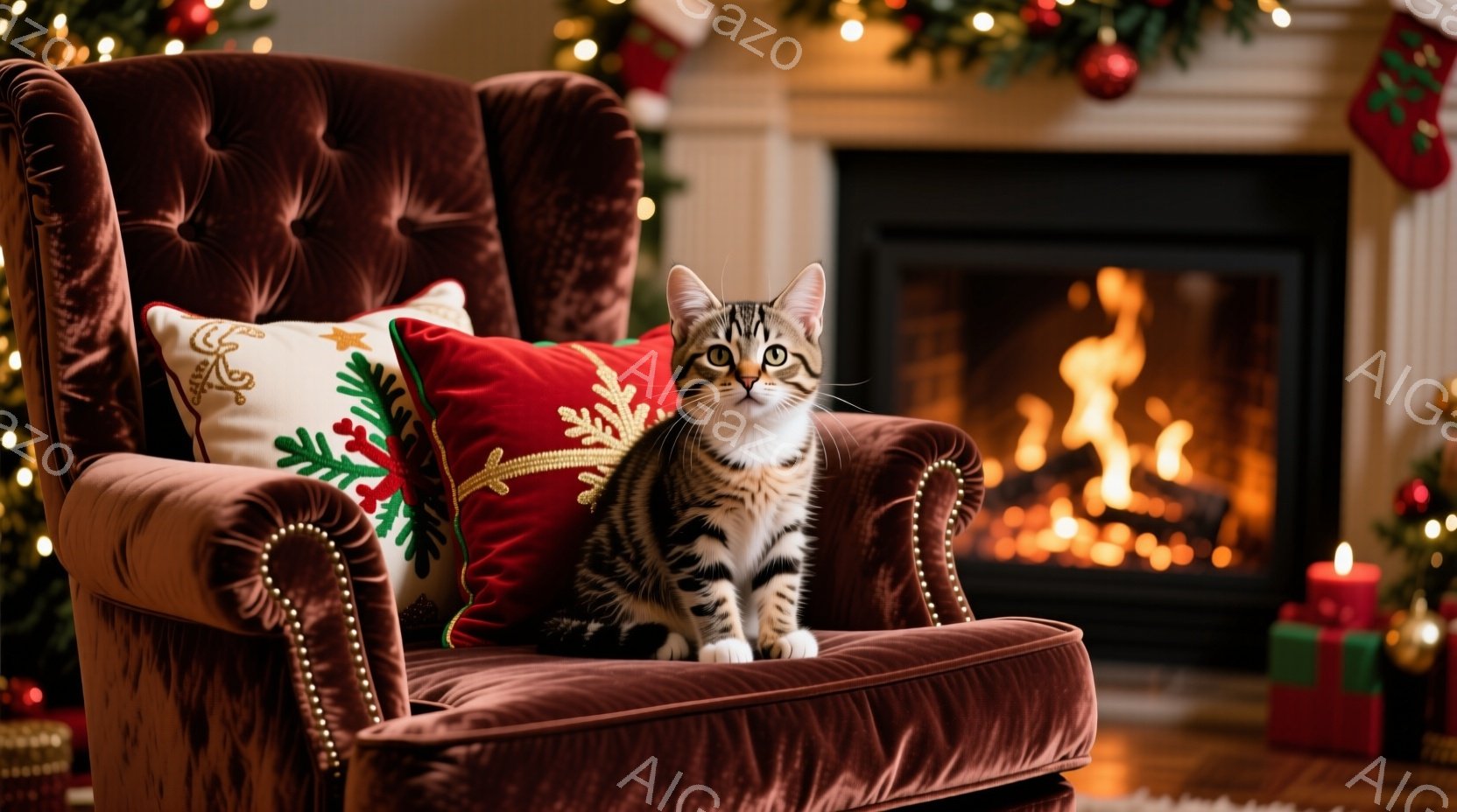 縞模様の猫が、深紅色のベルベットの肘掛け椅子に座っています。背景には暖炉があり、炎が燃え盛っていて、クリスマスツリーの飾りやプレゼントが見え、暖かい祝祭の雰囲気が漂っています。猫は正面を見つめ、リラッ - AI生成フリー素材