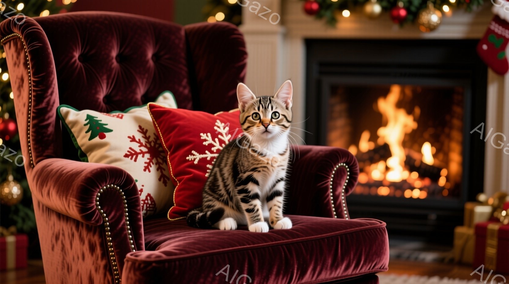 縞模様の小さな子猫が、赤いベルベットの肘掛け椅子に座っています。背後には、クリスマスツリーの飾りと暖炉の火が見え、プレゼントの箱が置かれています。暖かく、お祝いの雰囲気で、猫はリラックスした様子で正面 - AI生成フリー素材