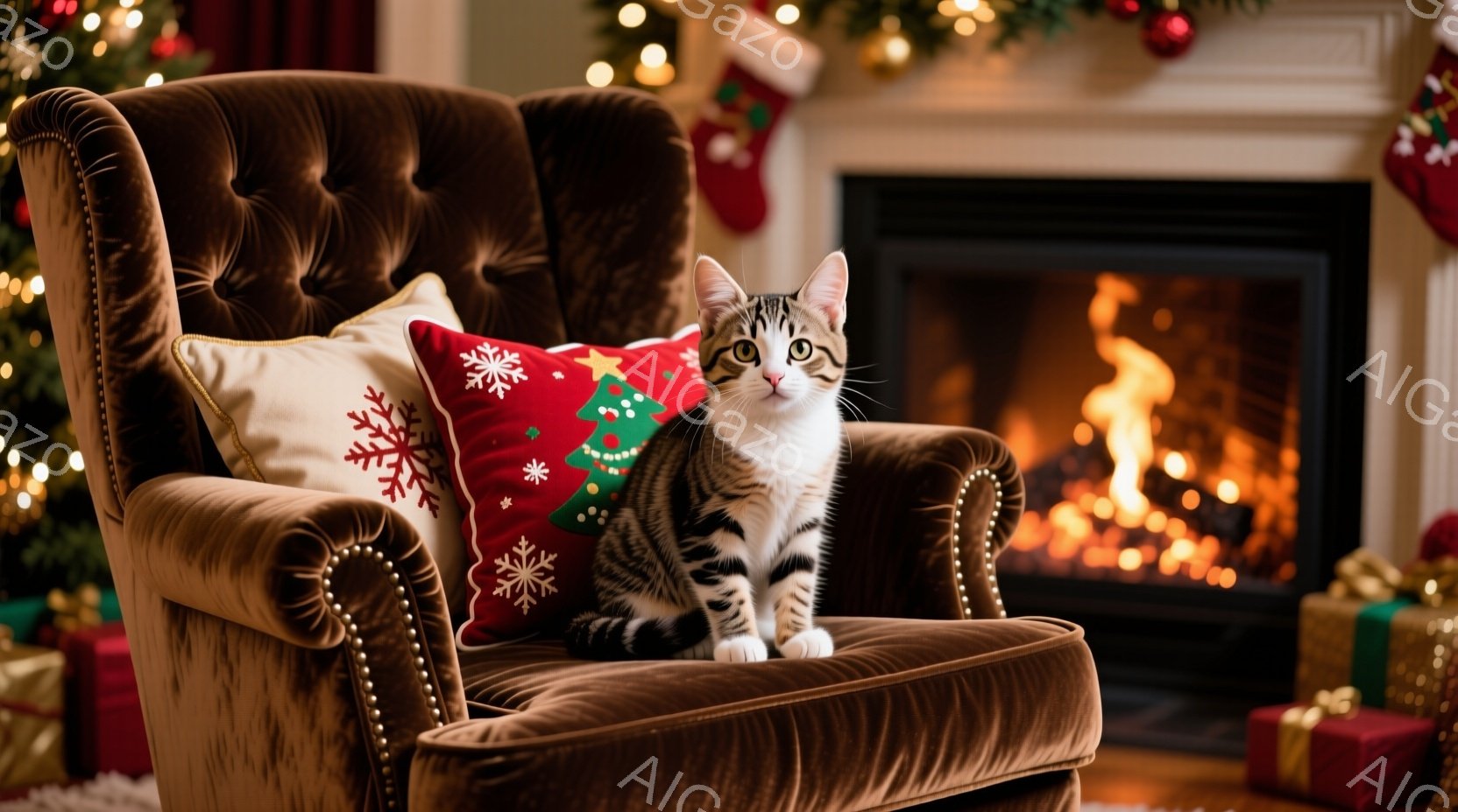 茶色いベルベットの肘掛け椅子に縞模様の猫が座っています。背景にはクリスマスツリーやプレゼント、暖炉の炎が見え、暖かく華やかなクリスマスの雰囲気が漂っています。猫は前足を揃えて座り、まっすぐ前を見て落ち着いた表情をしています。