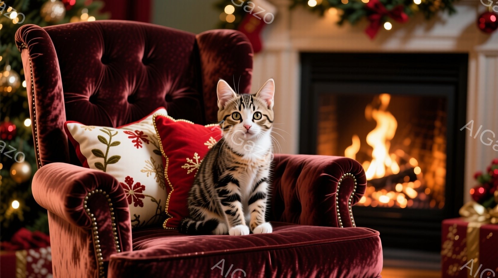 赤いベルベットの肘掛け椅子に、縞模様の猫が座っています。背景には、クリスマスツリーの飾りと暖炉の炎が見え、プレゼントの箱が積み重ねられています。温かく、お祝いの雰囲気で、猫はリラックスした表情で椅子に座っています。