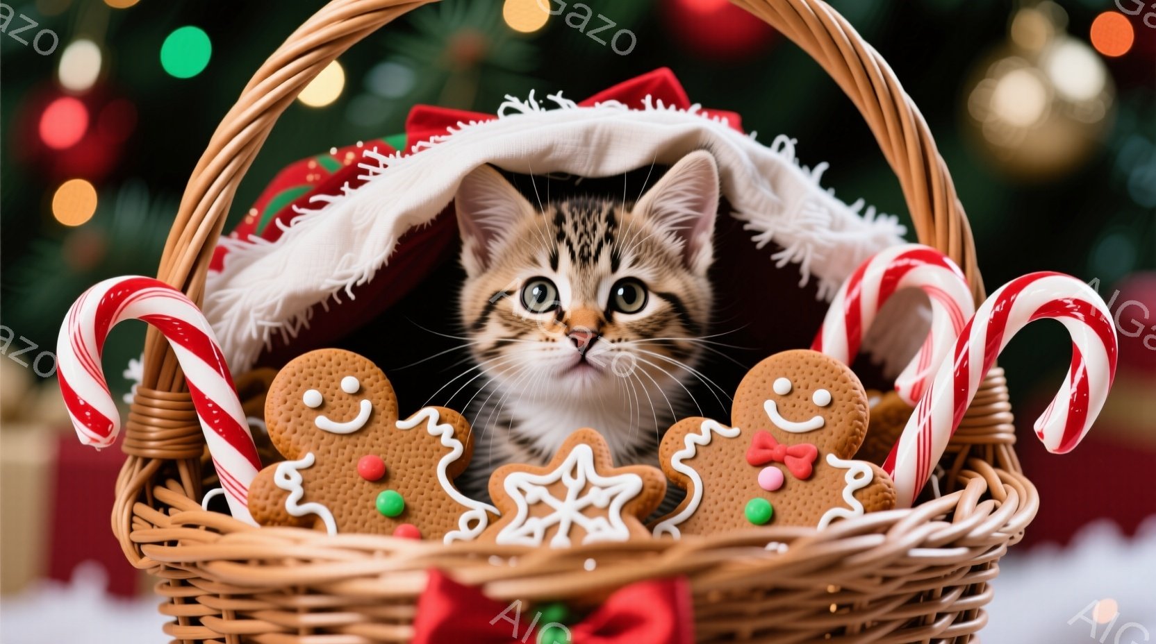 籠の中に、縞模様の小さな子猫が可愛らしく顔を出しています。周りにはジンジャーブレッドマンやキャンディケーンが飾られ、ふわふわの赤い布が籠の中に敷かれています。背景はぼやけていますが、クリスマスツリーの - AI生成フリー素材