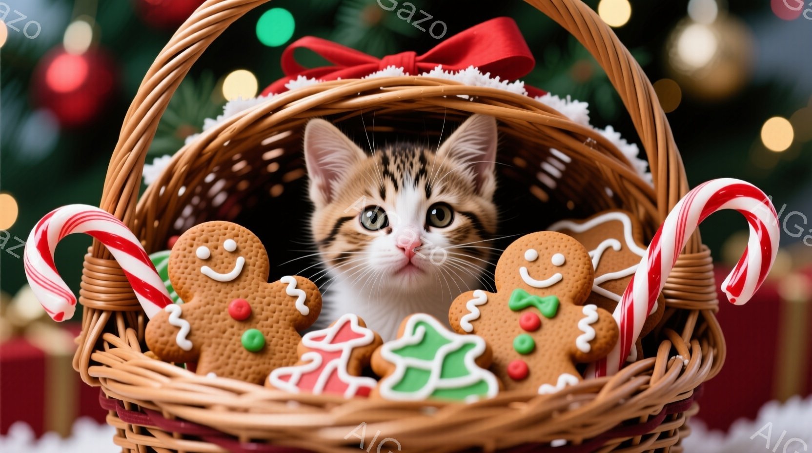 籐で編まれたバスケットの中に、白と茶色の毛並みを持つ子猫が可愛らしく顔を出しています。バスケットの中には、ジンジャーブレッドクッキーやキャンディケーンが飾られており、クリスマスらしい温かい雰囲気を醸し - AI生成フリー素材