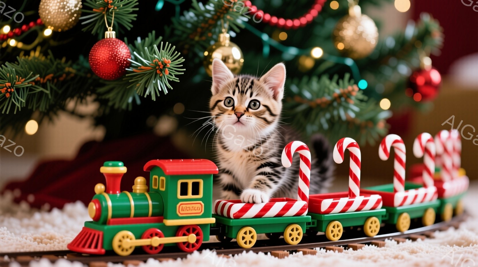 白と茶色の縞模様の猫が、緑色のクリスマス列車の中に座っています。列車はキャンディケーンで飾られており、背景にはクリスマスツリーと装飾がぼやけて見えます。暖かく、お祝いの雰囲気で、猫は少し驚いた表情をしています。