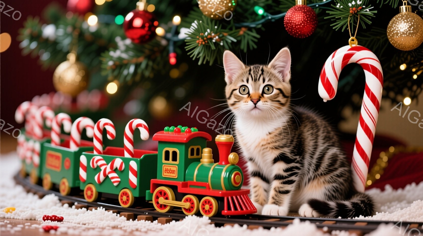 クリスマスツリーのそばに、おもちゃの列車とキャンディケーンに囲まれた縞模様の子猫が座っています。子猫は好奇心旺盛な表情で正面を見つめており、ふわふわとした毛並みが可愛らしいです。背景には緑のクリスマス - AI生成フリー素材