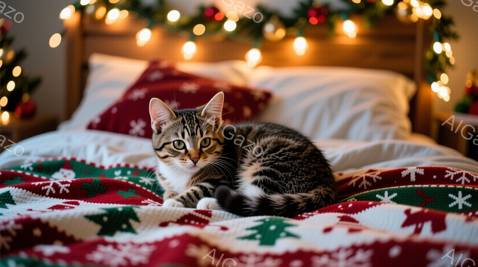 白と黒の縞模様の猫が、赤と緑のクリスマスの模様が入った毛布の上で丸まって座っています。猫は前足を揃え、少し鋭い表情でカメラの方を見ており、リラックスした雰囲気の中に少しの警戒心が見えます。背景には白いベッドシーツと枕があり、暖かい光のイルミネーションが飾られており、クリスマスの温かい雰囲気を醸し出しています。