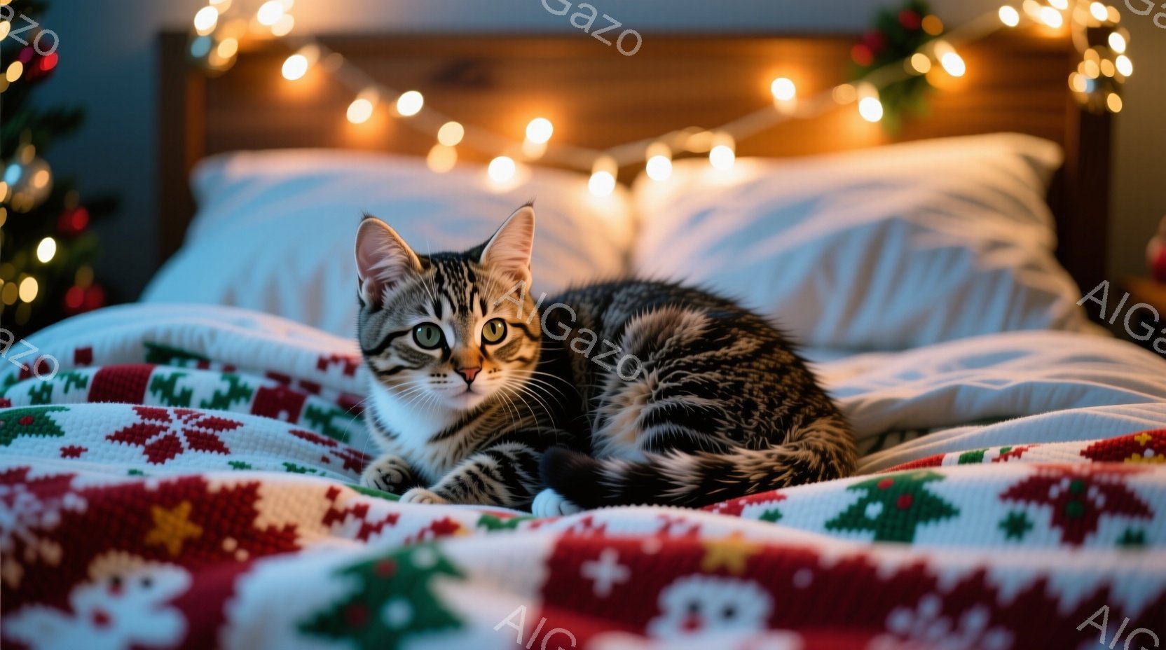 白と黒の縞模様の猫が、赤いクリスマス柄のブランケットの上に横たわっています。猫はリラックスした様子で、カメラの方を少しこちらを見ています。背景にはぼやけたクリスマスツリーと、温かい光を放つ電飾が見え、 - AI生成フリー素材