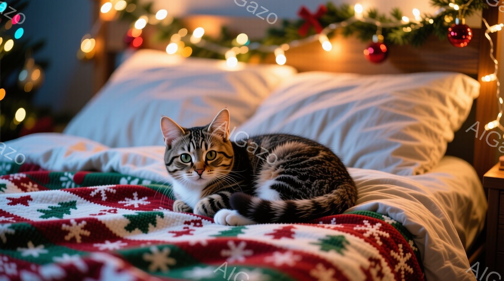白とグレーの縞模様の猫が、赤いクリスマス柄のブランケットを敷いたベッドの上で丸まって横たわっています。猫はリラックスした表情で、カメラの方を見つめています。背景には、ぼやけたクリスマスツリーとキラキラ - AI生成フリー素材