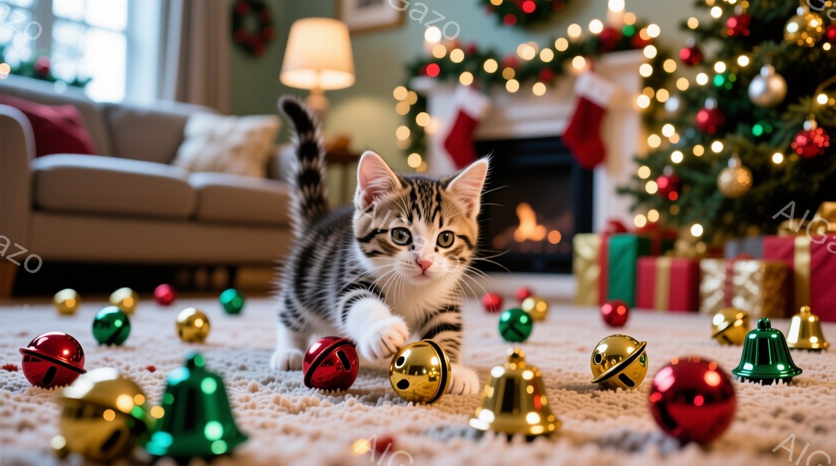 白い毛並みの小さな子猫が、クリスマスオーナメントが散らばるカーペットの上で遊び、前足で緑色のオーナメントを叩いています。背景には、クリスマスツリーや暖炉、プレゼントが置かれた部屋が映り、温かく華やかな - AI生成フリー素材