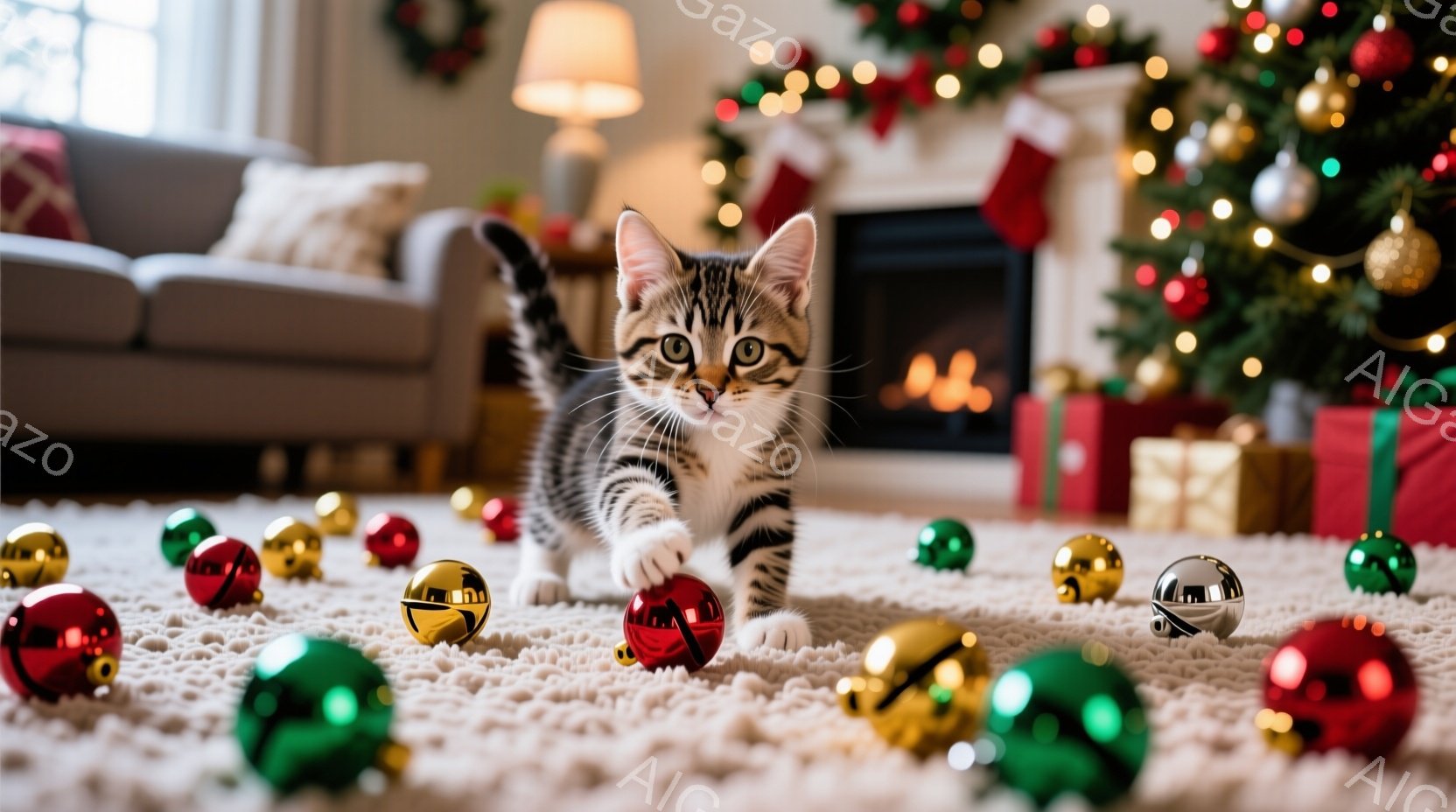 白いふわふわのカーペットの上に、小さな縞模様の猫が、転がっている赤い、緑、金色のオーナメントに囲まれて前進しています。背景には、飾り付けられたクリスマスツリーと暖炉があり、室内は温かく、お祝いの雰囲気 - AI生成フリー素材
