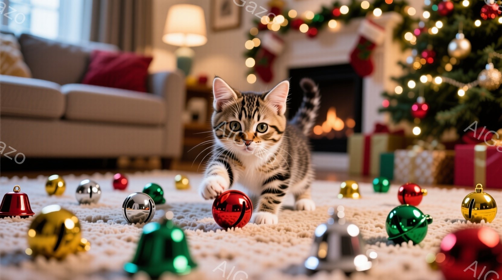 白いラグの上に、クリスマスのオーナメントが散らばり、その中に縞模様の子猫がいます。子猫は前足を伸ばし、赤いオーナメントを遊び心いっぱいに叩こうとしており、好奇心旺盛な表情をしています。背景には、クリスマスツリーと暖炉があり、暖かく居心地の良いクリスマスの雰囲気を醸し出しています。