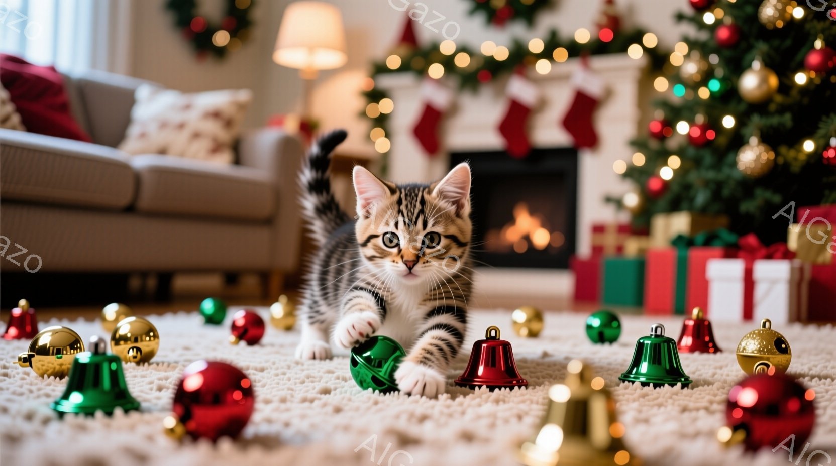 白と茶色の縞模様の小さな子猫が、クリスマスツリーのオーナメントのボールとベルに囲まれて遊んでいます。子猫は前足でベルを軽く叩き、遊んでいる様子で、好奇心に満ちた表情をしています。背景には、クリスマスツリー、暖炉、そしてプレゼントが置かれた心地よいリビングルームの様子が広がっています。
