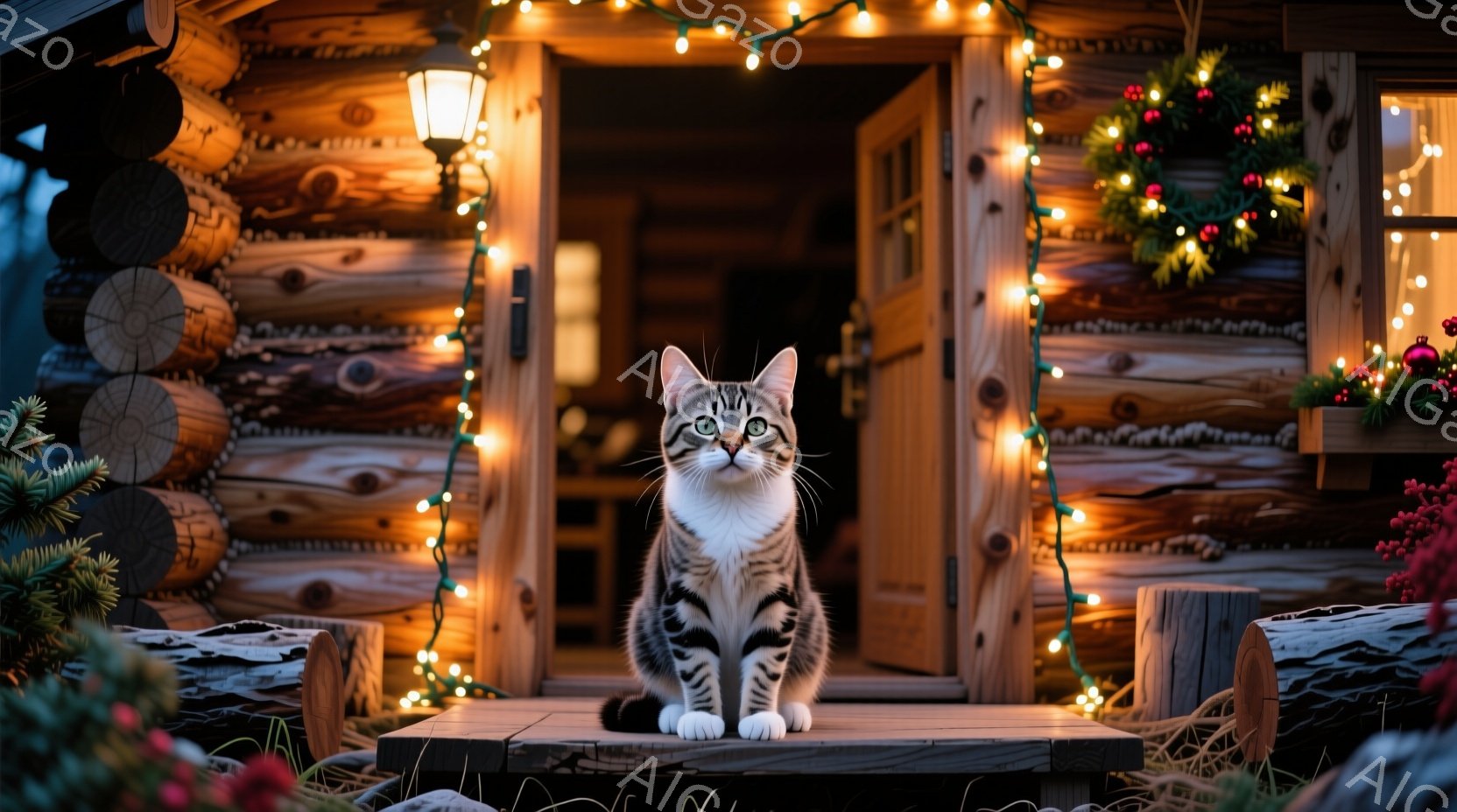縞模様の猫が、クリスマスの飾り付けがされた家の外の階段に座って正面を見つめています。背景には、点灯されたイルミネーションとクリスマスツリーがあり、暖かくお祝いの雰囲気を醸し出しています。木製の家と冬の - AI生成フリー素材