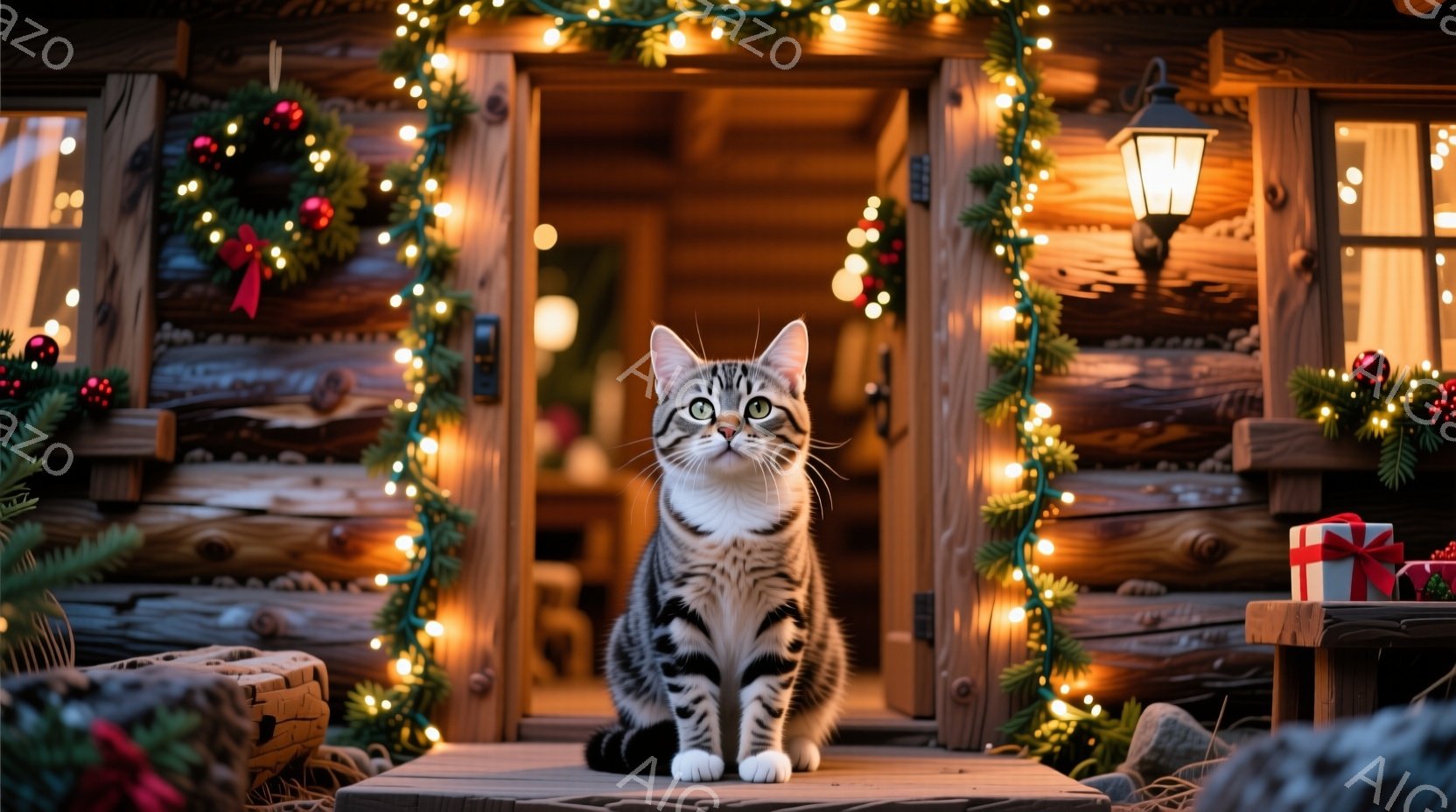 縞模様の猫が木製の家の玄関のステップに座っており、正面を見据えています。家の周りにはクリスマスツリーの装飾や電飾が飾られ、暖かくお祝いムードを醸し出しています。背景は暗く、家の温かい光と電飾が際立ち、冬の夜の居心地の良い雰囲気を演出しています。