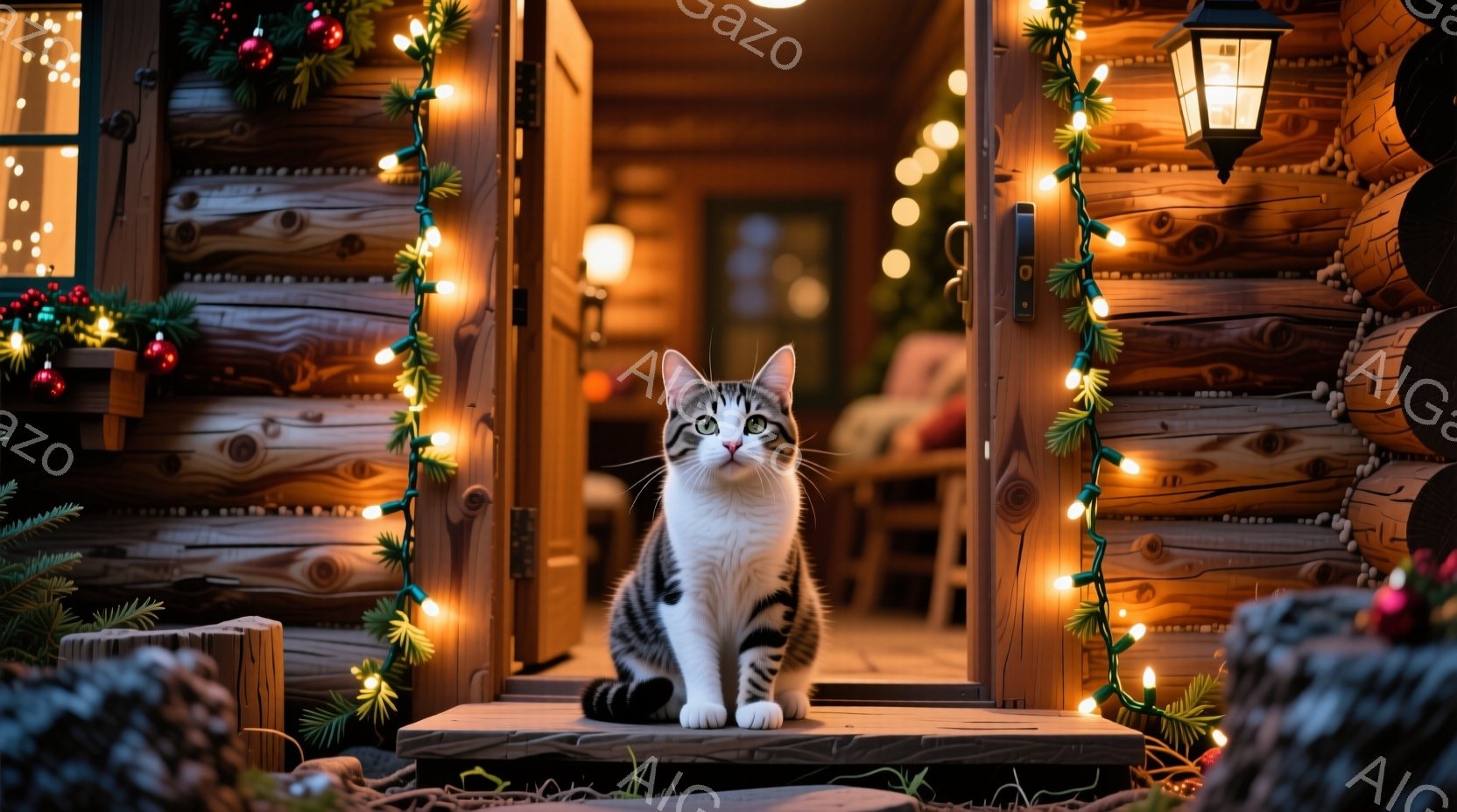 白とグレーの縞模様の猫が、クリスマスの飾り付けがされた丸太小屋の玄関に座っています。猫は正面を見ており、リラックスした表情で、丸太の段差にしっかりと腰掛けています。背景には、点灯したクリスマスライトや装飾が施された小屋があり、温かく穏やかなクリスマスの雰囲気を醸し出しています。