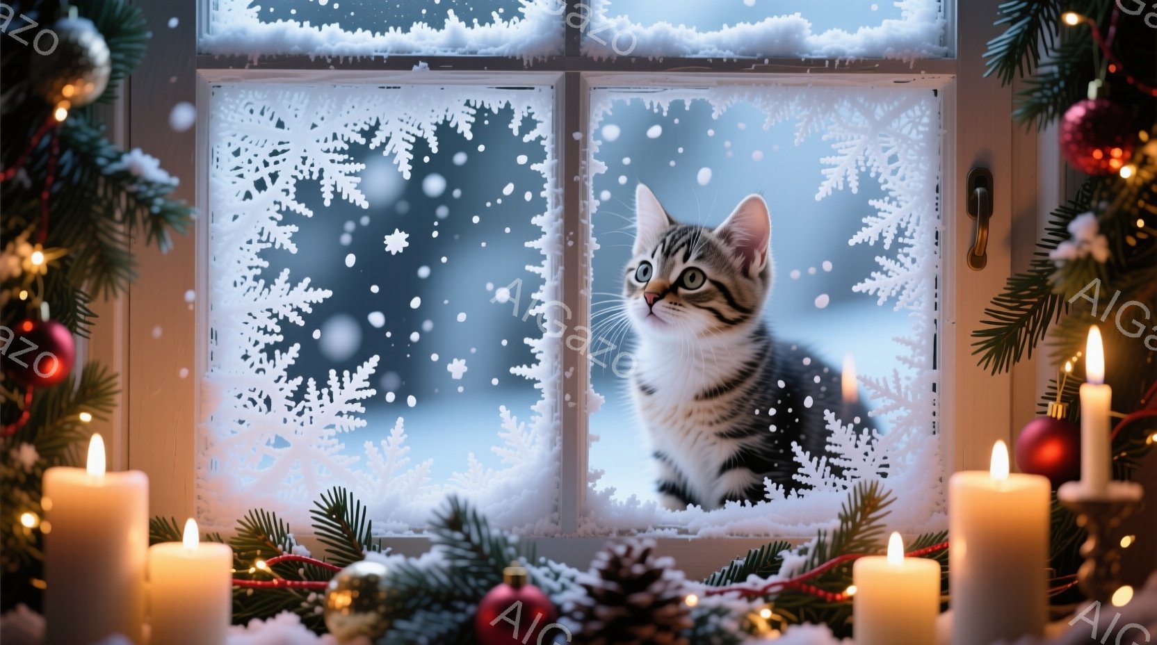 窓辺にいる縞模様の猫が、雪景色をじっと見つめている。窓には雪の結晶のステッカーが貼られ、窓の外は雪が降り積もっている様子が伺える。周りにはクリスマスツリーの枝やキャンドルが飾られ、暖かく穏やかな冬の雰囲気が漂っている。