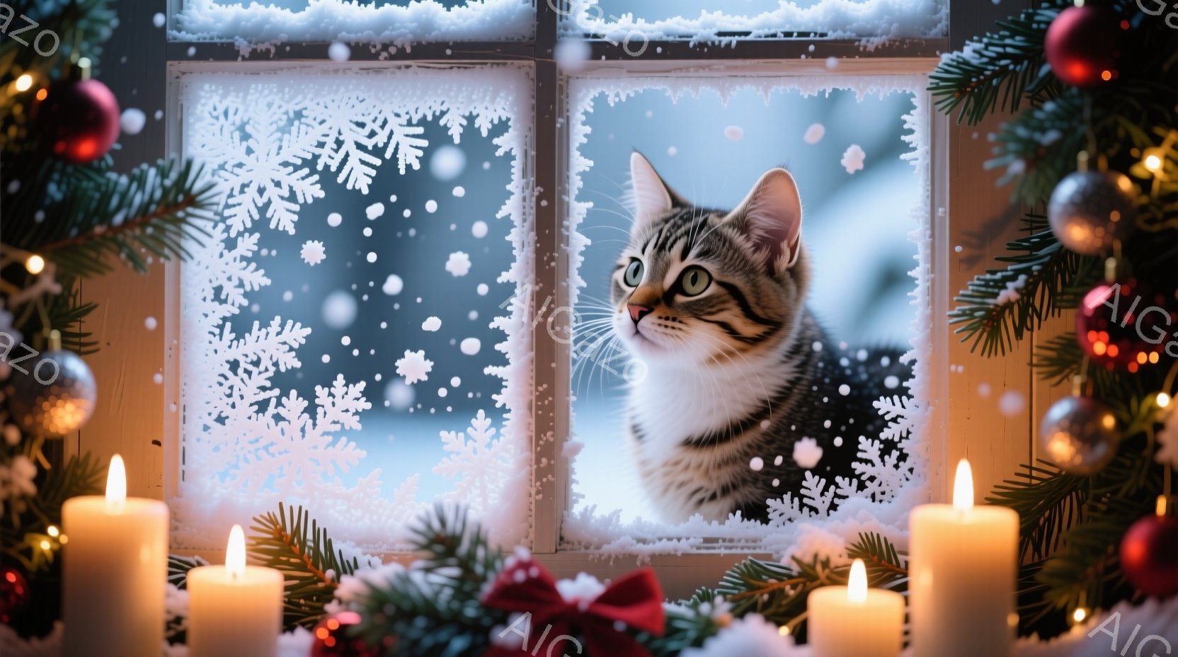 白い雪の結晶が貼られた窓の外を見つめる、縞模様の可愛い猫が描かれています。窓の外には雪が降り積もり、幻想的な冬景色が広がっています。クリスマスツリーの飾りや、灯されたキャンドルが暖かく優しい雰囲気を醸 - AI生成フリー素材